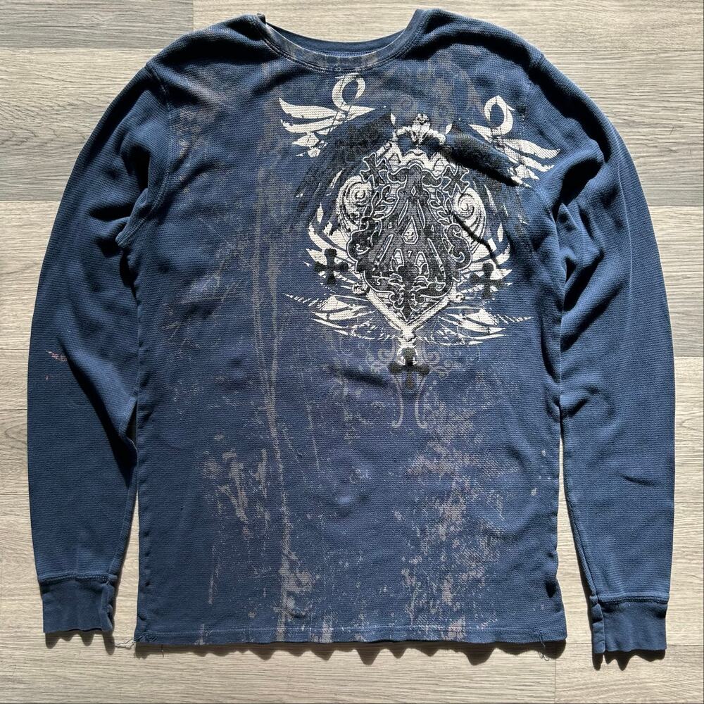 vintage y2k Affliction Navy Blue Waffle Knit Thermal Graphic Long Sleeve Shirt